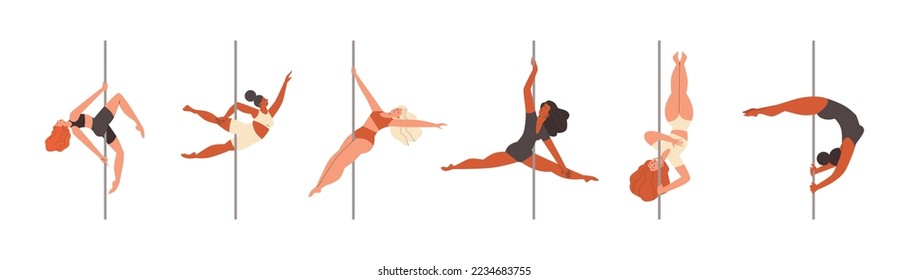 Pole dancers exercising on pylon, flat vector illustration isolated on white background. Diverse women performing pole dance. Sport, fitness and gymnastics concepts.