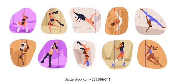 Pole dancers performing set. Young sexy women, men dancing erotic poledance, sport performance. Strong girls on heels, guys in flexible poses. Flat vector illustrations isolated on white background