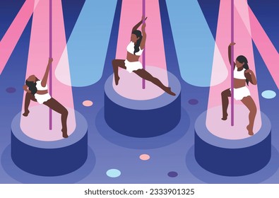 Pole dancers performing in spotlight in night club isometric background vector illustration