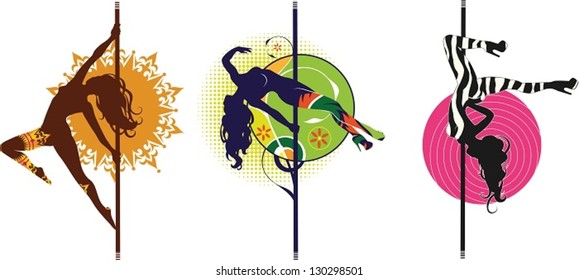 Pole dancers. The vector illustration of three pole dancers silhouettes in different styles.