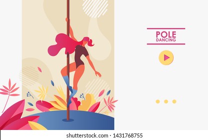 Pole dancing landing page concept banner with young woman character. Pink hair, elegant pose, beautiful greenery arond. Indoor illustration for web page or courses