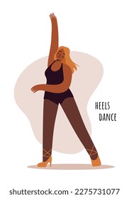 El concepto de bailarina de polo. Mujer corporal positiva posando sobre tacones con traje de salto atractivo