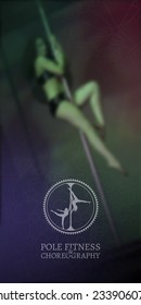 Pole Fitness and Choreography Figures Poster. Vintage Stamp on Defocused Photo Background