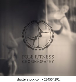 Pole Fitness and Choreography Figures Vintage Stamp on Defocused Photo Background