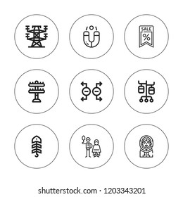 Pole icon set. collection of 9 outline pole icons with bait, barber, electric tower, magnet, eskimo, iv pole, pennant icons. editable icons.