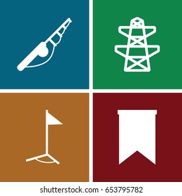 Pole icons set. set of 4 pole filled icons such as pylon, flag