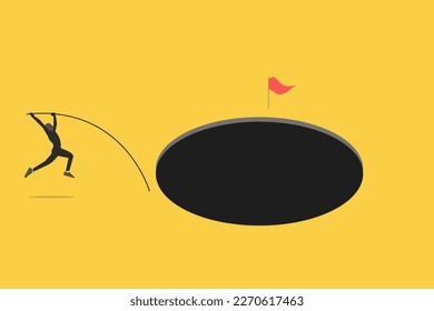 Pole jump across the hole to reach the target. concept of success, solution, challenge, opportunity and goal. Minimal Eps10 illustration.