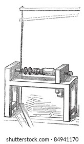 Pole Lathe Woodturning Machine, vintage engraved illustration. Trousset encyclopedia (1886 - 1891).