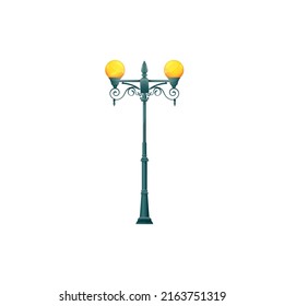 Poste de poste con lámparas redondas iluminadas aisladas de faros. Elegante portón de faros para el exterior elemento de diseño de arquitectura. Objeto de iluminación del parque urbano, lámpara forjada antigua