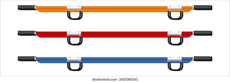 Pole stretchers used to transport injured or sick people who cannot walk on their own.  Often used in ambulances, at sporting events, in other outdoor settings. Flat design