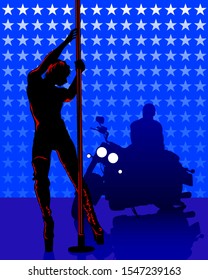 stripper de polo y un hombre en una motocicleta sobre un fondo de estrellas