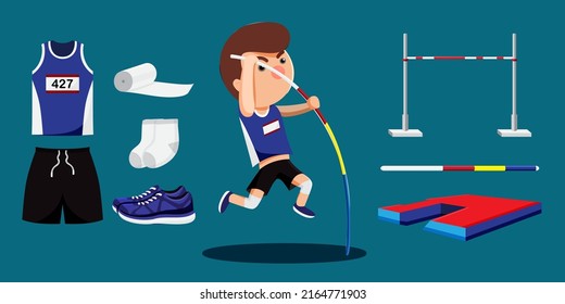 Pole vault athletics player cartoon and equipment set such as filed, beam, cushion, pole, shoes, apparel, uniform. Objects isolated on a blue background.