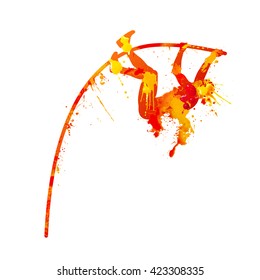 Pole Vault. Vector Orange Watercolor Splash Paint