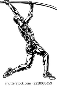 Pole Vaulter Black and White Vector Illustration