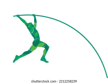 Pole vaulter jumping, mosaic shaped in silhouette vector illustration, sport athletic