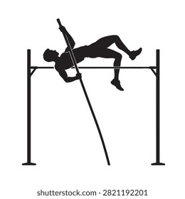 Pole vaulter performing a jump over the bar in a stadium competition.