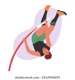 Pole Vaulter Soars Over Height, Combines Speed, Strength, And Precision. Athlete With A Flexible Pole, Showcasing Mastery Of Technique In This Exhilarating Track And Field Event. Vector Illustration