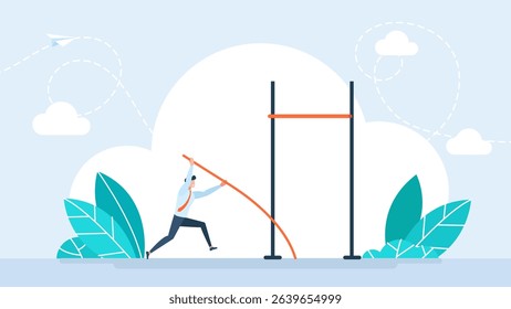 Pole vaulting. Business goal achievement. Businessman doing pole vault. Depicts career, challenge, goal, mission, ambition, and mission. Pole vault athlete jumper businessman. Vector illustration