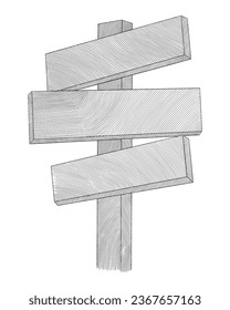  pole with wooden signboard, signpost or guidepost. Vintage engraving drawing style vector illustration
