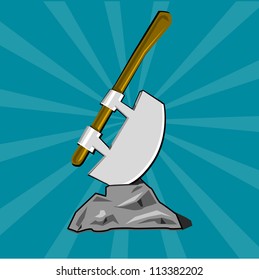 Poleaxe stuck into stone. Cartoon vector illustration