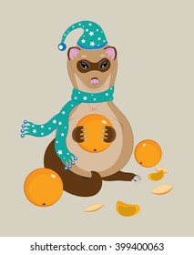 The polecat dressed in a scarf and a cap holds tangerine in paws