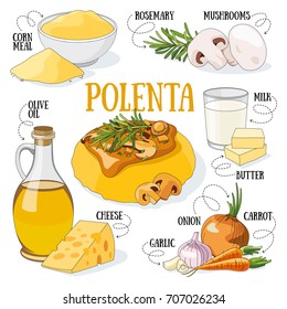 Polenta and its ingredients. Italian traditional cuisine.