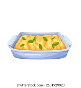 Polenta, Italian dish vector illustration. Cartoon isolated tray with delicious hot creamy porridge and basil leaf, bowl with cornmeal cooked with parmesan cheese and butter, gourmet meal from Italy