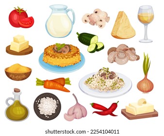 Polenta and Mushroom Risotto with Ingredients Big Vector Set