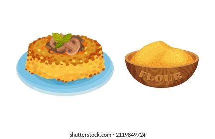 Polenta, traditional Italian cuisine food. Corn flour ingredient for pasta cooking set. vector illustration