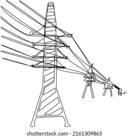 Poles with electric wires in one line on a white background. A simple illustration with an electoral grid. Concept with current transmission, consumption, tariffs. Stock vector image.