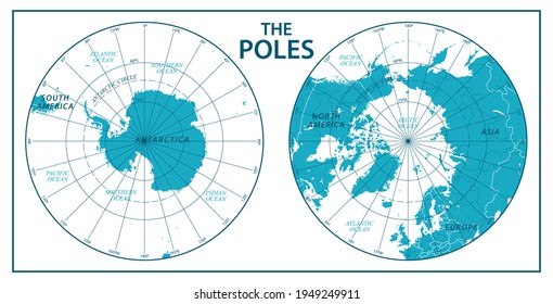 The Poles - North Pole and South Pole - Vector Detailed Illustration. Blue Green and White