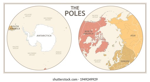 The Poles - North Pole and South Pole - Vector Detailed Illustration. Physical Vintage