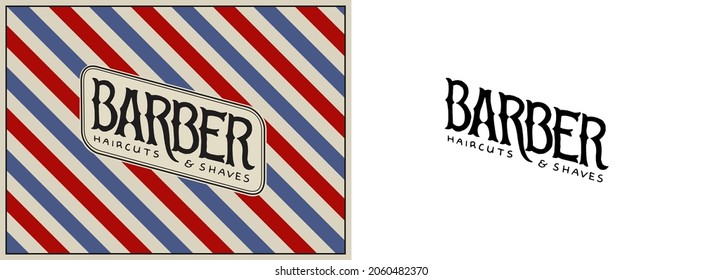 Poles with Stripes Barber shop banner or poster. Haircut of beard and mustache. Tools for man icon. Engraved hand drawn in old vintage sketch.