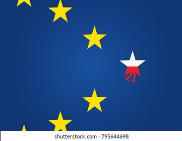 Polexit. Poland Exit EU. Star With Polish Flag Walk Away From EU Stars.