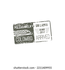 Polgahawela to Colombo train ticket, arrival to Sri Lanka isolated stamp. Vector grunge visa template