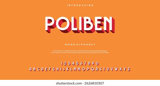 Poliben Vector advertising banner Classic Cuisine. Modern 3D Font. Bright Alphabet Letters and Numbers set.