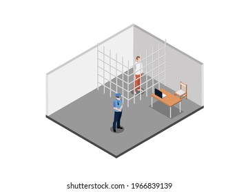 Police activity vector concept. Policeman guarding prisoners in cells of police department