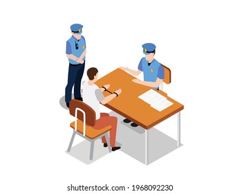 Police activity vector concept. Two policemen interrogating a prisoner while sitting in the interrogation room