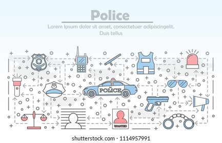 Police advertising poster banner template. Vector thin line art flat style design icons for website banners and printed materials.