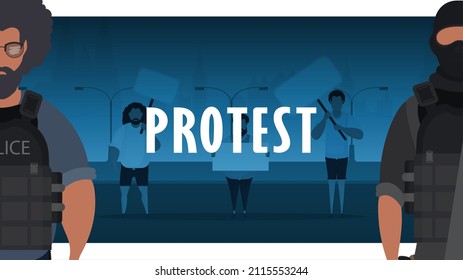 Policía contra la protesta. Un grupo de hombres con una pancarta en sus manos sobre el telón de fondo de la ciudad. Estilo de caricatura. Ilustración vectorial.