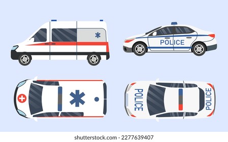 Police and ambulance cars set. Collection of graphic elements for website. Top and side view. Automobile for safety and healing. Cartoon flat vector illustrations isolated on blue background
