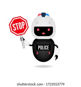 Police android robot character holding stop sign.