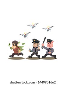 Police Animal Chasing Thief Monkey With Drone Isolated White