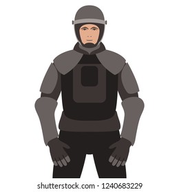 Police in armor ,vector illustration, flat style , front view