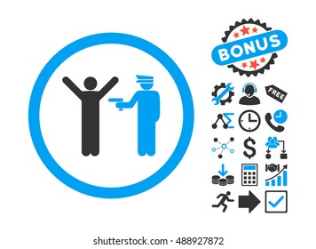Police Arrest icon with bonus symbols. Vector illustration style is flat iconic bicolor symbols, blue and gray colors, white background.