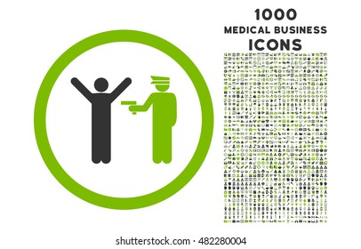 Police Arrest rounded vector bicolor icon with 1000 medical business icons. Set style is flat pictograms, eco green and gray colors, white background.