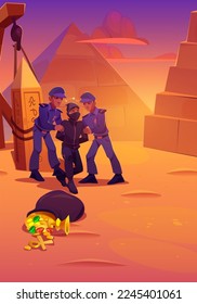 Police arrest trapped tomb robber with sack full of treasures in Egyptian desert. Cartoon vector illustration of cops catching male criminal on black clothes, desert landscape with ancient pyramids