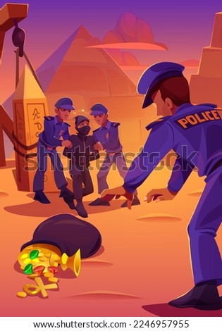 Police arrest trapped tomb robber with sack full of treasures in Egyptian desert. Cartoon vector illustration of cops catching male criminal on black clothes, desert landscape with ancient pyramids