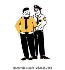 Polícia prendendo um criminoso, ilustração desenhada à mão 
