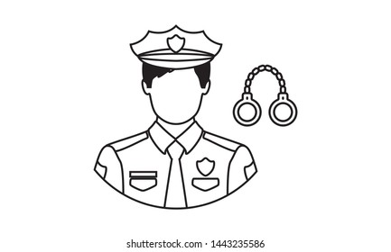 Police avatar icon in thin outline style. Police officer with handcuff icon. Vector illustration